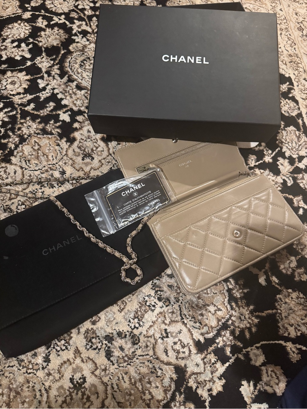 CHANEL Quilted Patent Leather Wallet on Chain - Taupe